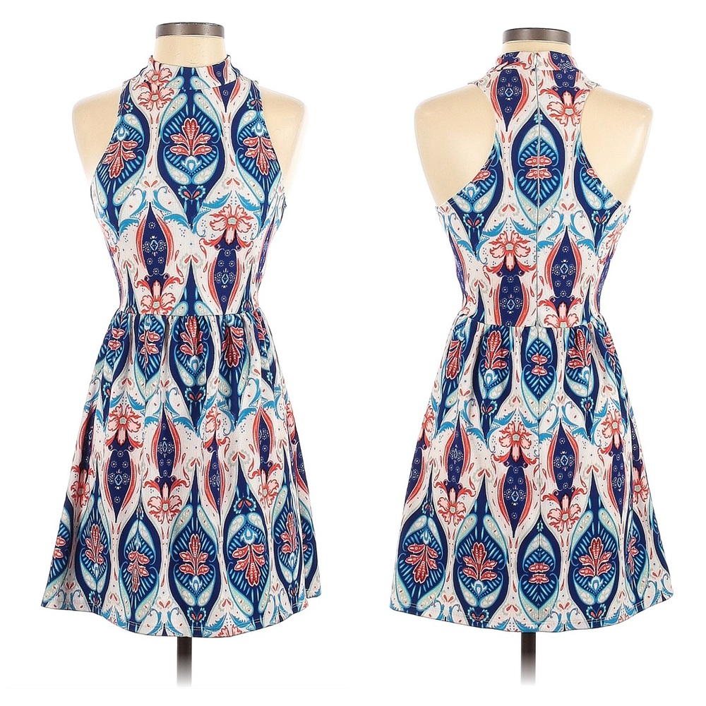 Charles Henry Blue Coral White Print Sleeveless A Line Dress